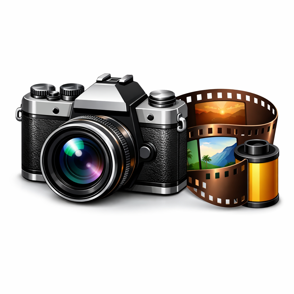 スライドショーメーカーのアイコン。一眼レフカメラの隣に様々な風景が写されたフィルムがデザインされた、レトロなイラストです。