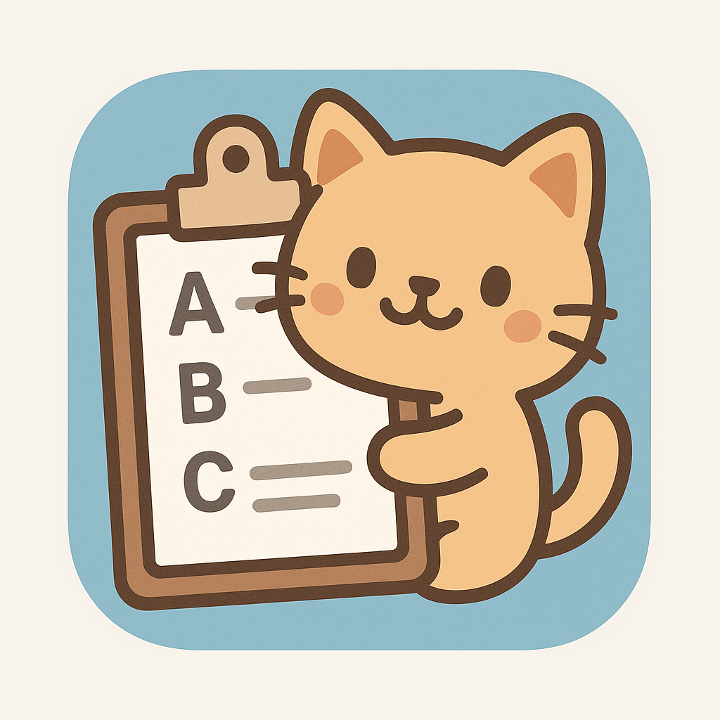 クリップヒストリーのアイコン。かわいらしいオレンジ色の猫がA・B・Cのアルファベットが貼られたクリップボードを持っているイラストです。