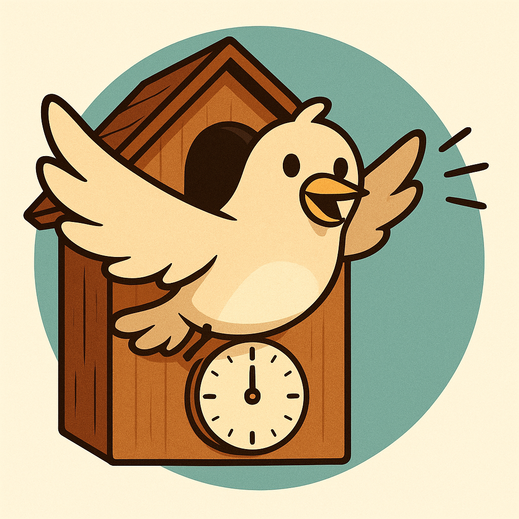 おしゃべり鳩時計のアイコン。12時を指した焦げ茶色の鳩時計から、漫画チックな鳥が飛び出ているイラストです。