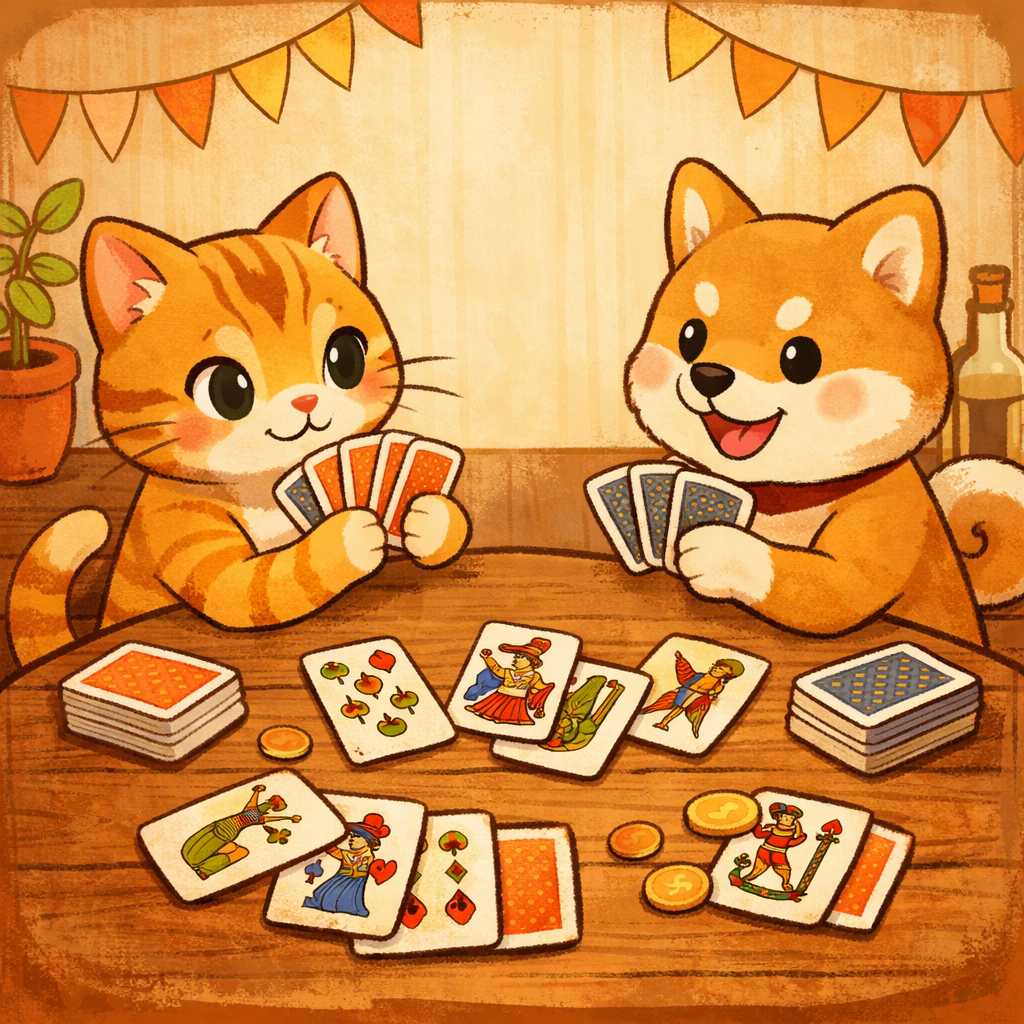 トラ猫とマメシバがテーブルでカードゲームを楽しんでいるイラスト。テーブルの上にはカードの他に、数枚のコイン、鉢植えの植物、ボトル等が置かれています。