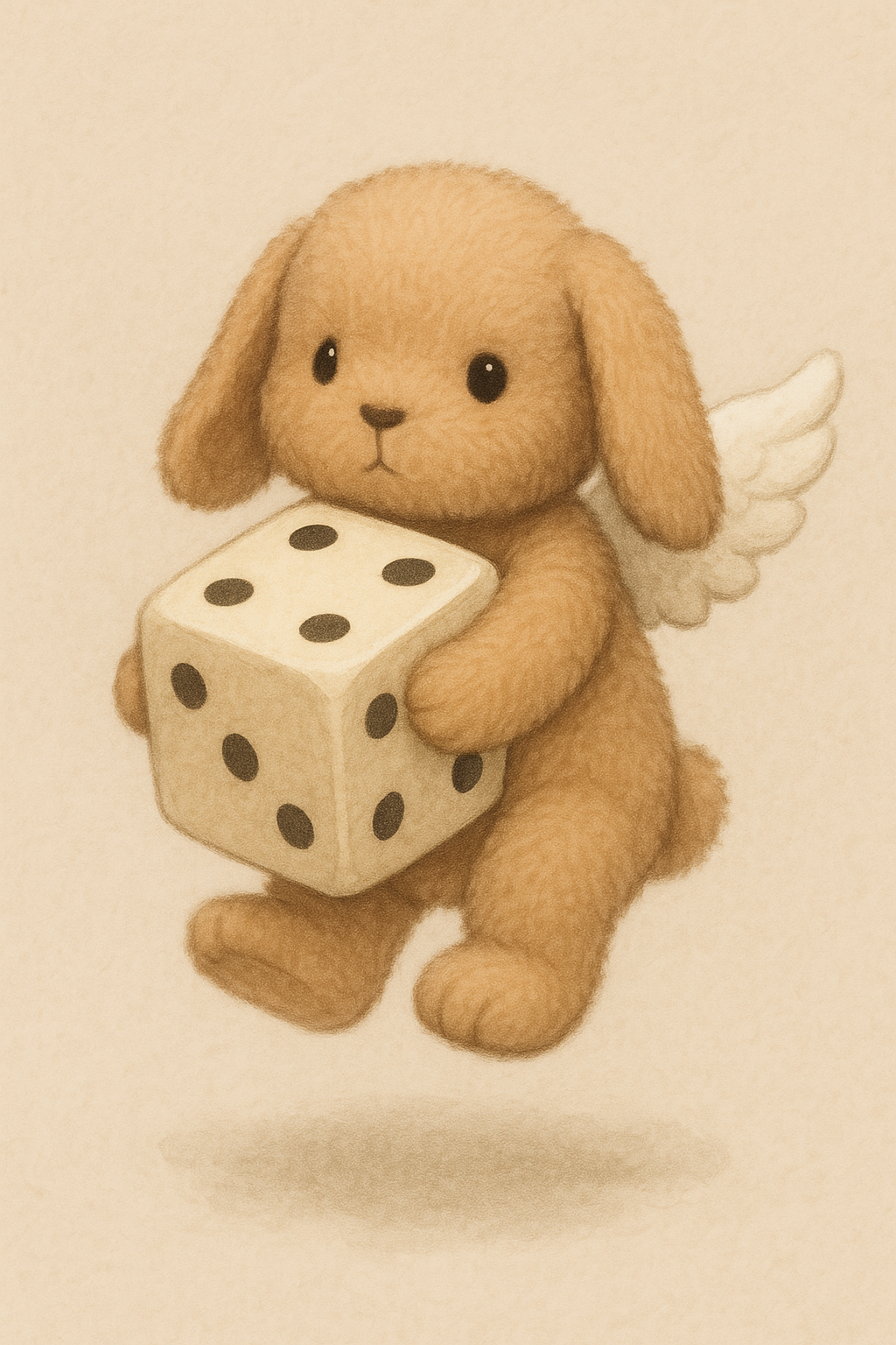 大きなサイコロを抱えて浮かんでいる、天使の羽を生やした茶色いうさぎのぬいぐるみを描いたイラスト。