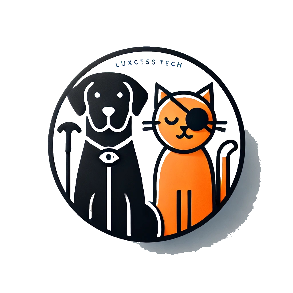 ラクセステックのロゴ画像。黒の盲導犬、片目に眼帯をした茶白ねこ、白杖とサイト名がグレーの円の中に描かれています。