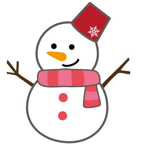 雪の結晶が描かれた赤い帽子とマフラーを身に着けた雪だるまのイラスト