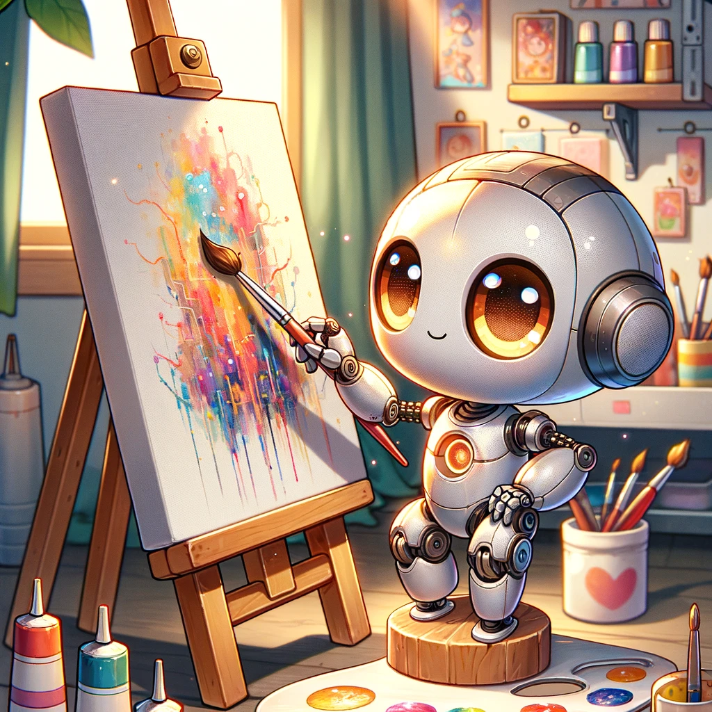 キャンバスに絵を描いている、可愛いロボットのイラスト
