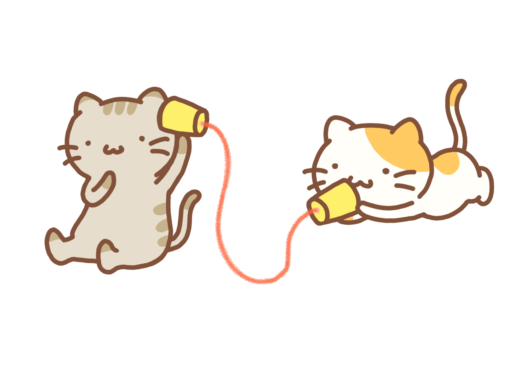 糸電話で通話しているチャブチねこと三毛猫のイラスト