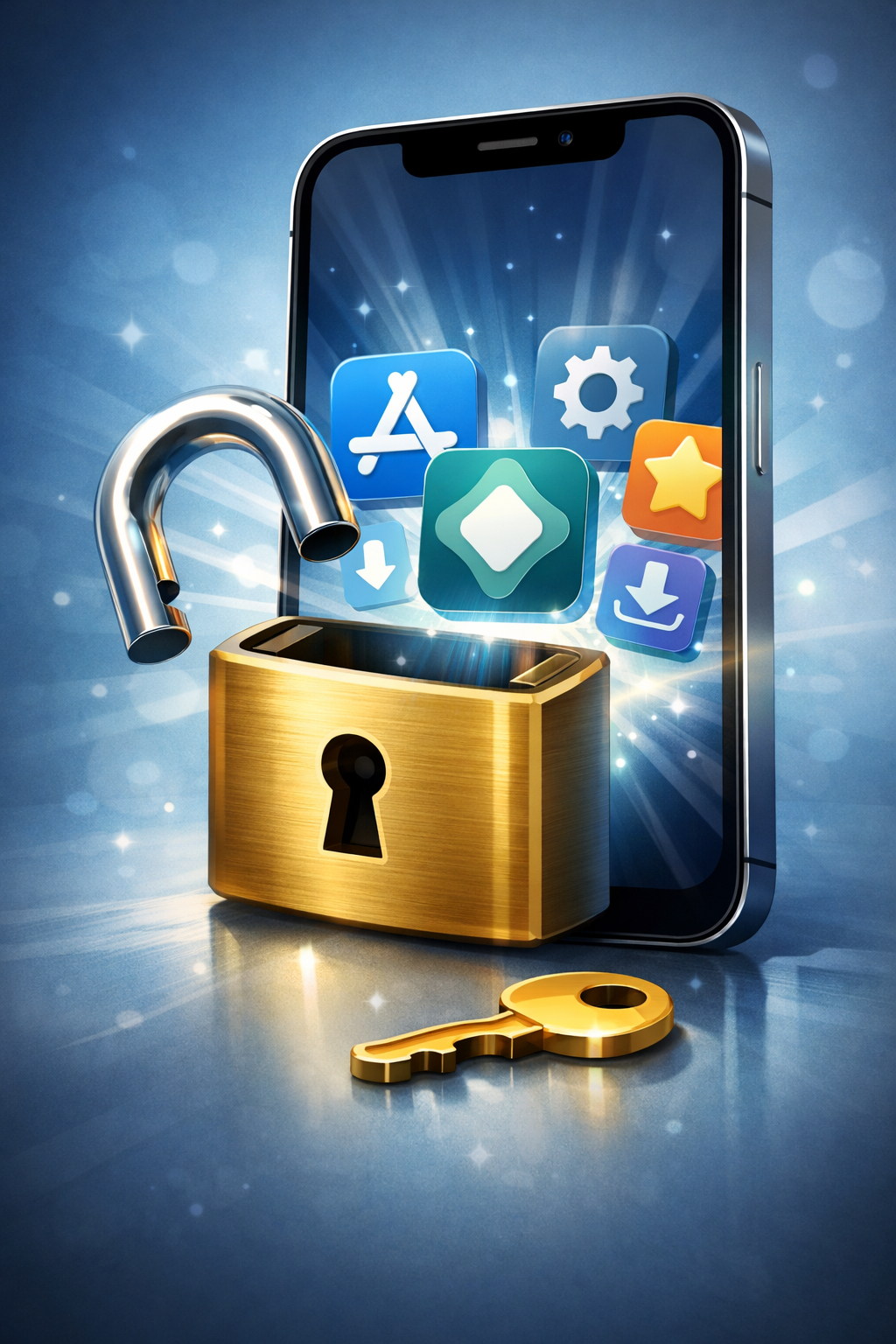 開いた南京錠の前に立つスマートフォンの画面から、複数のアプリアイコンが浮かび上がっているイラスト。