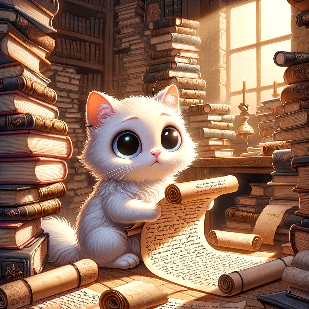 本や書類に囲まれながら、長い巻き物を読んでいる白猫のイラスト