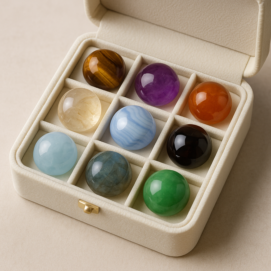色とりどりのパワーストーンが収められたジュエリーケースの写真